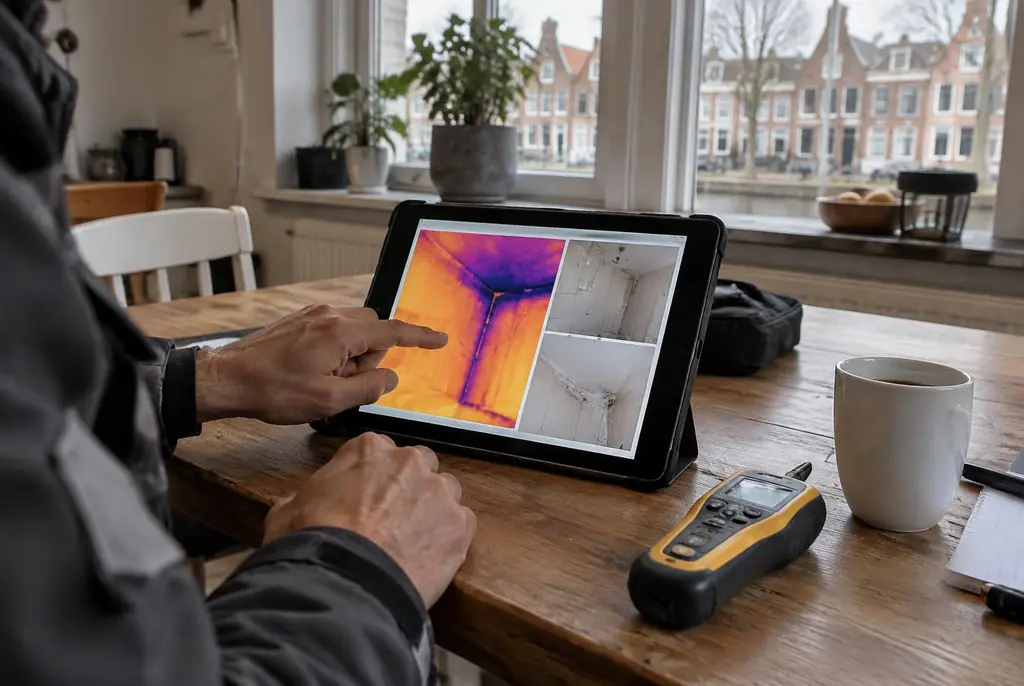 Lekdetectie Lemmer – lekdetectierapport met warmtebeelden en foto's op een tablet