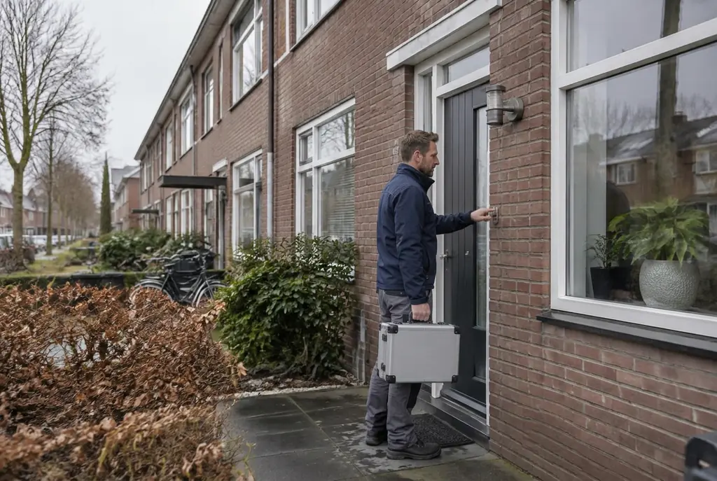Lekdetectiespecialist met meetkoffer bij de voordeur van een woning in Lemmer